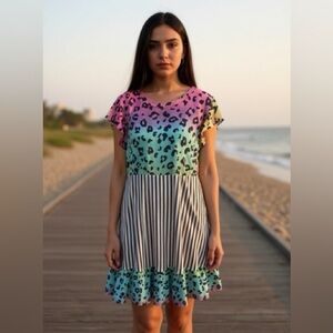 Colorful Leopard and Stripe Casual Dress